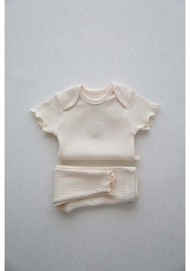 Deniz Kabuğu Nakışlı Fitilli Body Tayt Set Krem