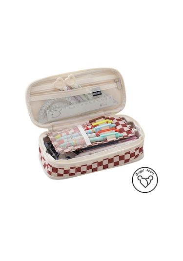 Kareli Kanvas Çift Fermuarlı Basit Büyük Kapasiteli Kalem Kutusu Kahverengi