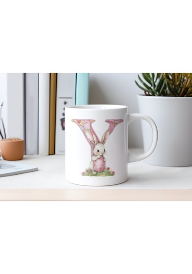 Y Harfli Tavşan Kupa - Patchwork / Yamalı Desenli İsme Özel Kupa - Pastel Vintage Tarz Hediyelik Beyaz