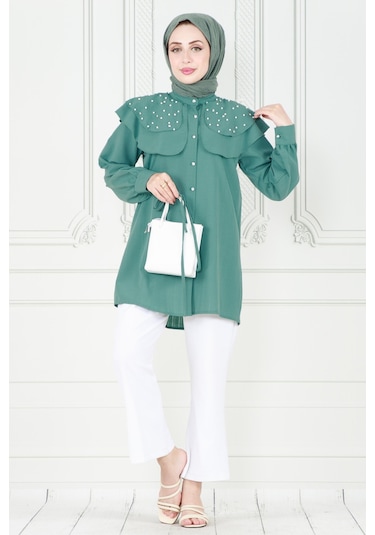 Sevitli Pelerinli İncili Tunik-mint Yeşili-3933-mint Yeşili Mint Yeşili