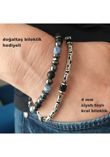 Bir Gümüş Aşkı 925 Ayar Gümüş Siyah Taşlı 4 Mm Kral Bileklik