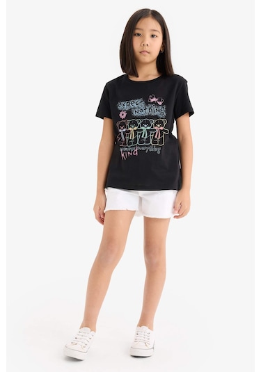 Defacto Kız Çocuk Bisiklet Yaka Baskılı Kısa Kollu Tişört E0350a825smbk81 Siyah