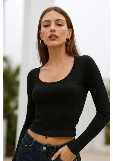 Rich Kadın Siyah Soft Touch Fitilli Uzun Kollu Bluz Siyah