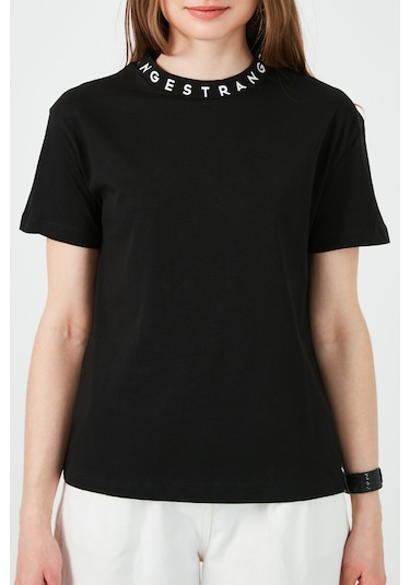 Lela Yakası Baskılı Bisiklet Yaka Basic Örme Bayan T Shirt 5864054 Siyah