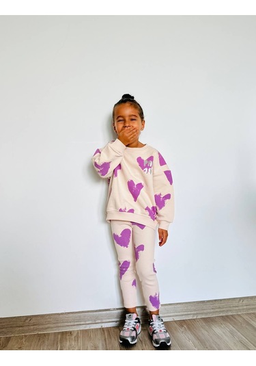 Kız Çocuk Çiçek - Leopar Detaylı 3 İplik Alt Üst Takım Sweatshirt + Tayt Mor