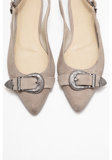 Dorothy Bej Süet Hakiki Deri Tokalı Sivri Burunlu Kadın Sandalet Süet Bej