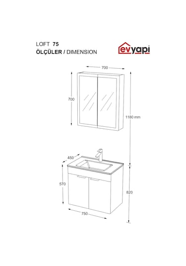 Biani Fix Loft 75 Cm Banyo Dolabı,Seramik Lavabolu, Aynalı,Lavabo Dahil,Mdf,Latte