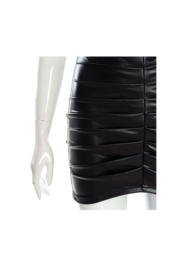 Şık Çanta Kalça Etek Mizaç Düz Renk Pileli Pu Kadın Etek Yakışıklı İnce Yüksek Bel A Kesim Etek Siyah