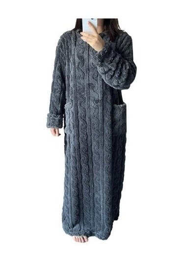 Sonbahar Kış Gecelik Kalın Mercan Polar Gevşek Cepler Sıcak Düz Renk Yuvarlak Boyun Bükülmüş Doku Uzun Kollu Tam Boy Termal Ev Tekstili Koyu Gri