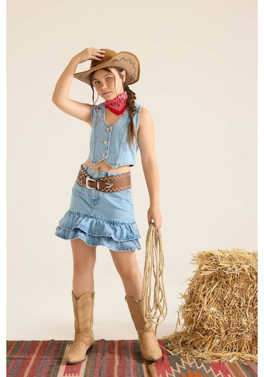 Defacto Kız Çocuk Pamuklu Katlı Jean Etek F7167a825aunm28 Mavi