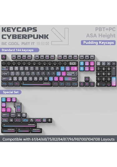 Gravastar Mekanik Oyuncu Klavyesi Tuş Takımı Seti, Mekanik Klavye İle Uyumlu Tuşlar, Cyberpunk