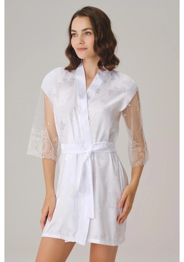 Çeyizlik Uzun Kol V Yaka Kadın Saten Düz Yazlık Mini Dantel Detaylı Sabahlık Beyaz