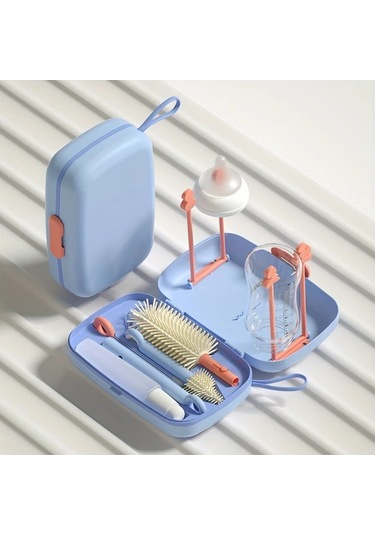 Elmpaly Mavi Sku Silikon Biberon Emzik Fırçası Seti Saklama Kutusu Kurutma Askısı Pipet Fırçası Seyahat Seti