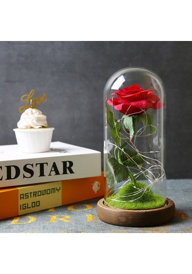 Ulzyvf Led Işıklı Ahşap Tablalı Dekoratif Cam Kubbeli Suni Gül - Romantik Hediye