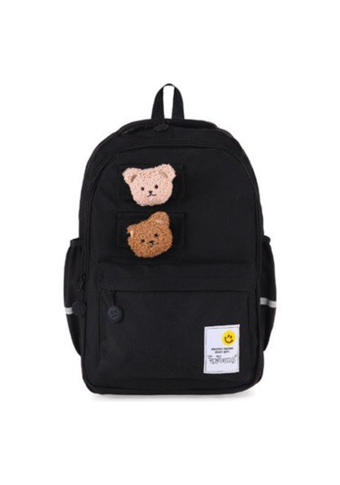 Young İki Ayıcık Maskotlu Siyah Okul Çantası Sırt Çantası Spor Çantası 51666 Desenli