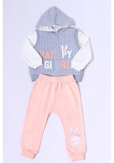 Kız Bebek Yelekli Takım Kapşonlu Çıtçıtlı Tavşan Baskılı A15 Yavruağzı