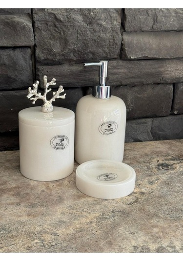 3'lü Set Beyaz Mermer Gümüş Aksesuarlı Sıvı Sabunluk, Makyaj Pamukluk, Katı Sabunluk Beyaz