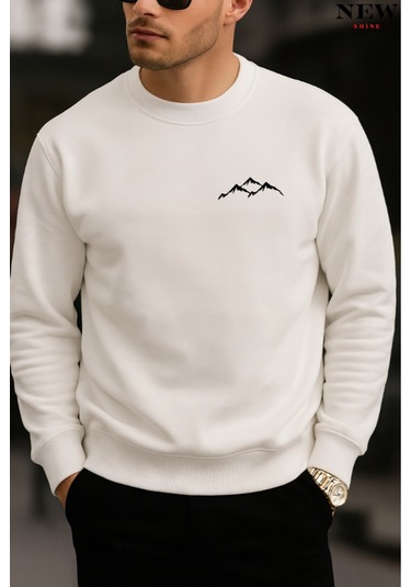 Dağ Baskılı Bisiklet Yaka Sweatshirt Beyaz
