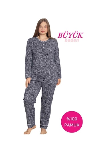 Kadın Bisiklet Yaka Büyük Beden Lacivert Çiçek Desen 3 Düğmeli Mevsimlik Uzun Kol Pijama Takımı Lacivert