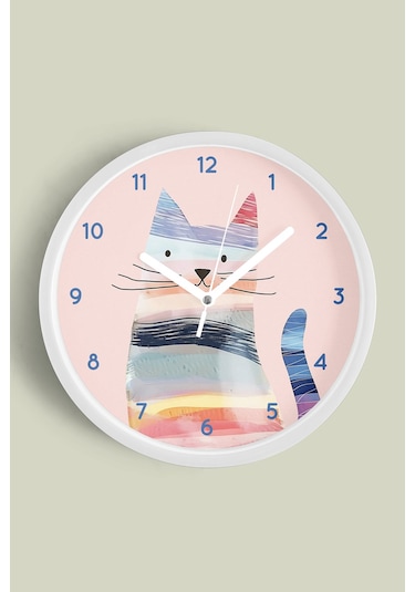 Renkli Kedi Tasarım Modern Duvar Saati - Çocuk Odası Duvar Saati - 35cm - Önü Camlı Beyaz Kasa Beyaz