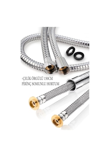 Kustar Çelik Örgülü Pirinç Somunlu Patlamaz Paslanmaz Yıpranmaz 150 Cm Banyo Duş Hortumu Gri