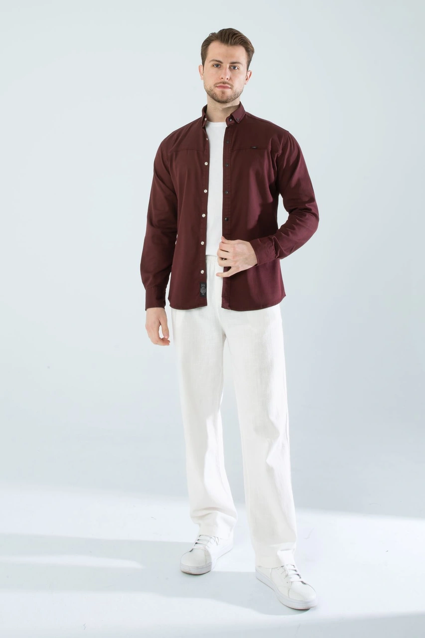Slim Fit Erkek Cepsiz Kot Gömlek Bordo