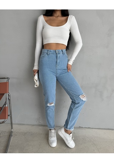 Kadın Mavi Likralı Diz Yırtmaçlı Dar Paça Jean Lazer Yırtıklı Kot Pantolon Mavi