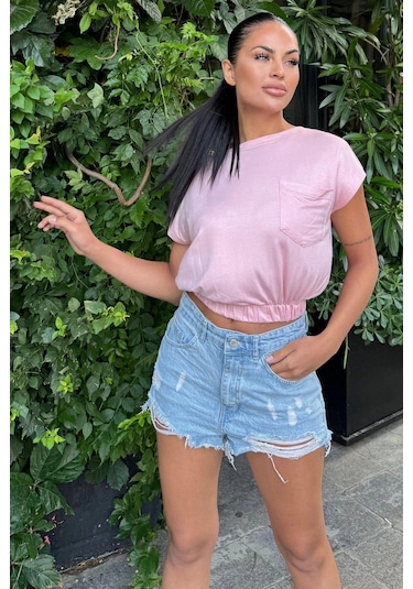 Kadın Pembe Yarım Kol, Geniş Yaka, Tek Cepli, Beli Lastikli Rahat Crop Bluz Pembe