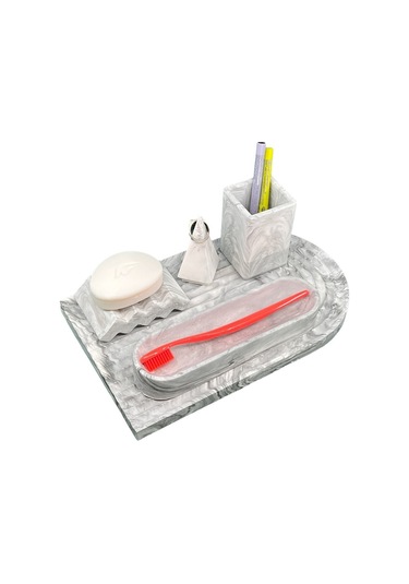 Betonmall 5 Parça Mermer Desenli Beton Banyo Seti Katı Sabunluk Diş Fırçalık Yüzüklük Sunum Tepsisi Siyah Beyaz Siyah - Beyaz