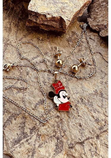 Mini Şık Kıyafetiyle Sizlerle Tatlı Mouse Paslanmaz Çelik Gold Renk Kolye Küpe Seti Altın