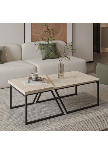 Verona İkili Orta Sehpa Modern Tasarım Metal Ayaklı Sehpa Seti Traverten