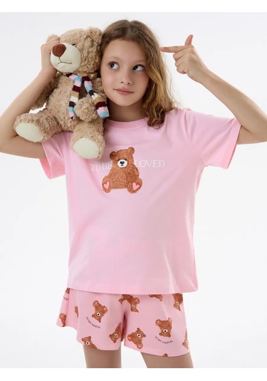 Sleepy Team Kısa Kollu Tişörtlü Ve Şortlu Ev Pijaması 432793519 Tozlu Pembe