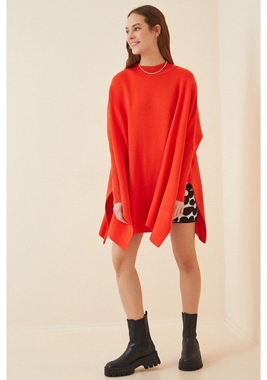 Bigdart 15783 Yırtmaçlı Panço Kazak - Kırmızı 001