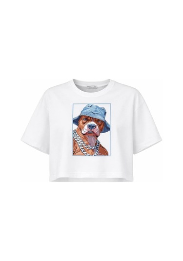 Kadın Beyaz Pitbull Baskılı Pamuklu Crop Tişört Beyaz