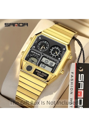 Fastbuy Gümüş Siyah A Erkek Digital Kol Saati - Kare Paslanmaz Çelik Bant Dual Ekran Altın Renk Altın