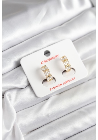 14k Kaplama Zirkon Taşlı Cm Kadın Küpe Gold Renk Renkli