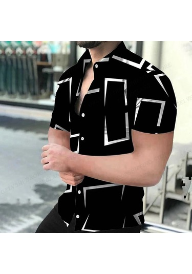 Snapbuy Erkek Geometrik 3d Baskılı Plaj Gömleği Kısa Kollu Hawaii Stil Küba Camisagökyüzü Mavi Gökyüzü Mavi