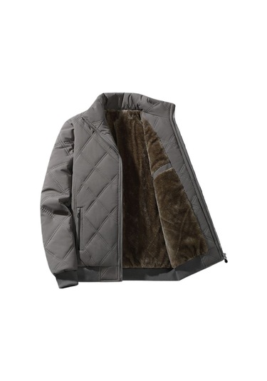 Erkek Sonbahar Ve Kış Dik Yaka Artı Kadife Elmas Ekose Sıcak Pamuklu Ceket Gri