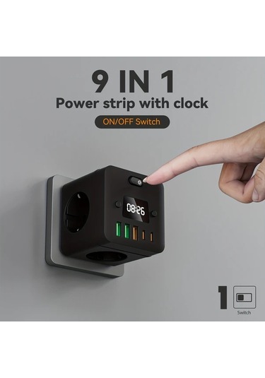 Motion003 9'lu Çoklu Fişli Saat Priz Adaptörü 3 Usb Portu Aşırı Yük Koruması Ev Ofis İ