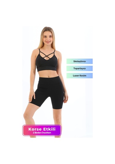 Yeni Sezon Toparlayıcı Sıkılaştırıcı Şekillendirici Lazer Kesim Biker Korseli Tayt SiYAH