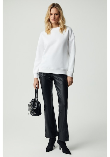 Vaneltına Kadın Içi Polarlı 3 Iplik Organik Pamuk Oversize Basic Bisiklet Yaka Beyaz Sweatshirt
