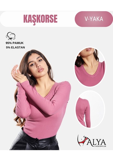 Pamuklu Kaşkorse V Yaka Body Sweatshirt, Fitilli Kumaş Likralı Bluz, Asker Yeşili Badi Gül Kurusu