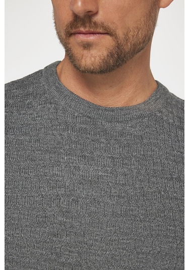 Slim Fit Bisiklet Yaka Kendinden Desenli Gri Erkek Triko Kazak-29577-gri Gri