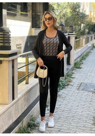 Modasize Kadın Uzun Kollukrep Üçlü Takım Siyah