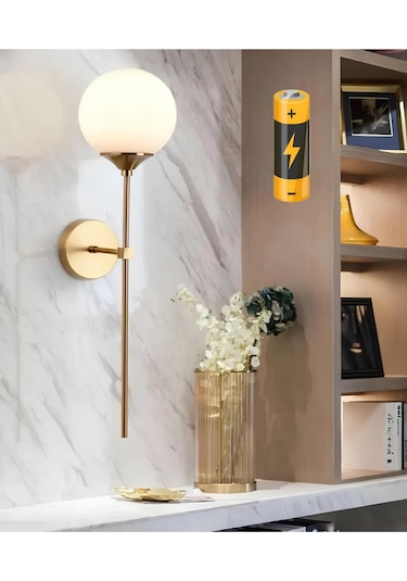 Modern Tasarım Aç Kapa Butonlu Pilli Aplik Duvar Beyaz Opak Beyaz Camlı Aplik Eskitme Gold Eskitme