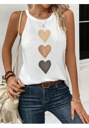 Simala Kadın Omuzlardan Açık Boyundan Askılı Kalp Baskılı Viskon Bluz Beyaz