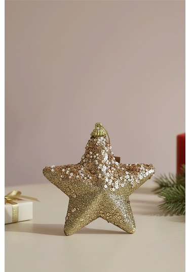 Simli Ve Pul Detaylı Altın Yıldız Yılbaşı Ağaç Süsü