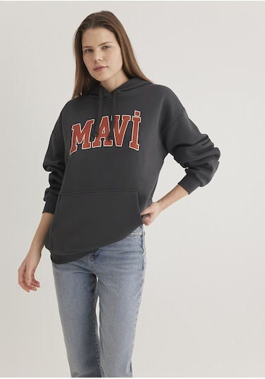 Mavi - Mavi Logo Baskılı Kapüşonlu Gri Sweatshirt 1600361-80106 Gri