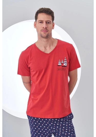 Pjs 24307 Erkek Bordo V Yaka Yelken Baskılı Kısa Kol Pijama Takımı Bordo