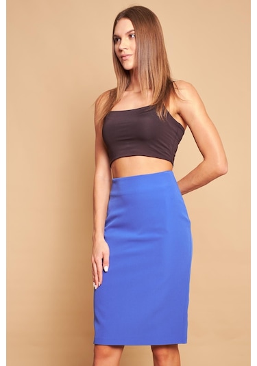 Astarlı Yüksek Bel Diz Altı Hafif Likralı Yırtmaçlı Kumaş Ofis Kalem Etek-saks - Sax Saks Mavisi